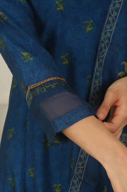 Blue Floral Printed Embroidered Flared Kurta, Pants and Dupatta Set