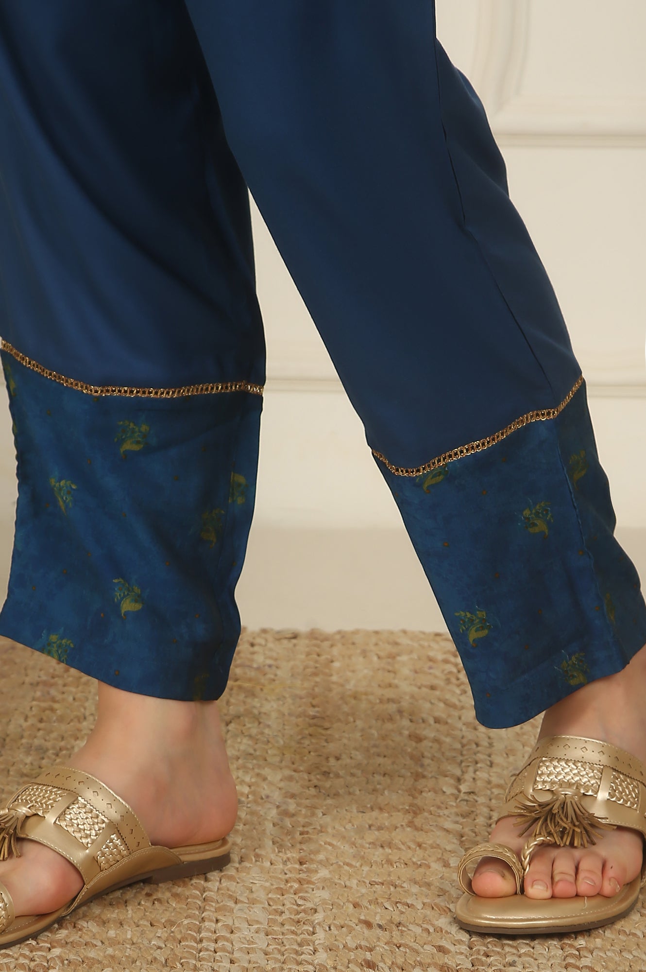 Blue Floral Printed Embroidered Flared Kurta, Pants and Dupatta Set