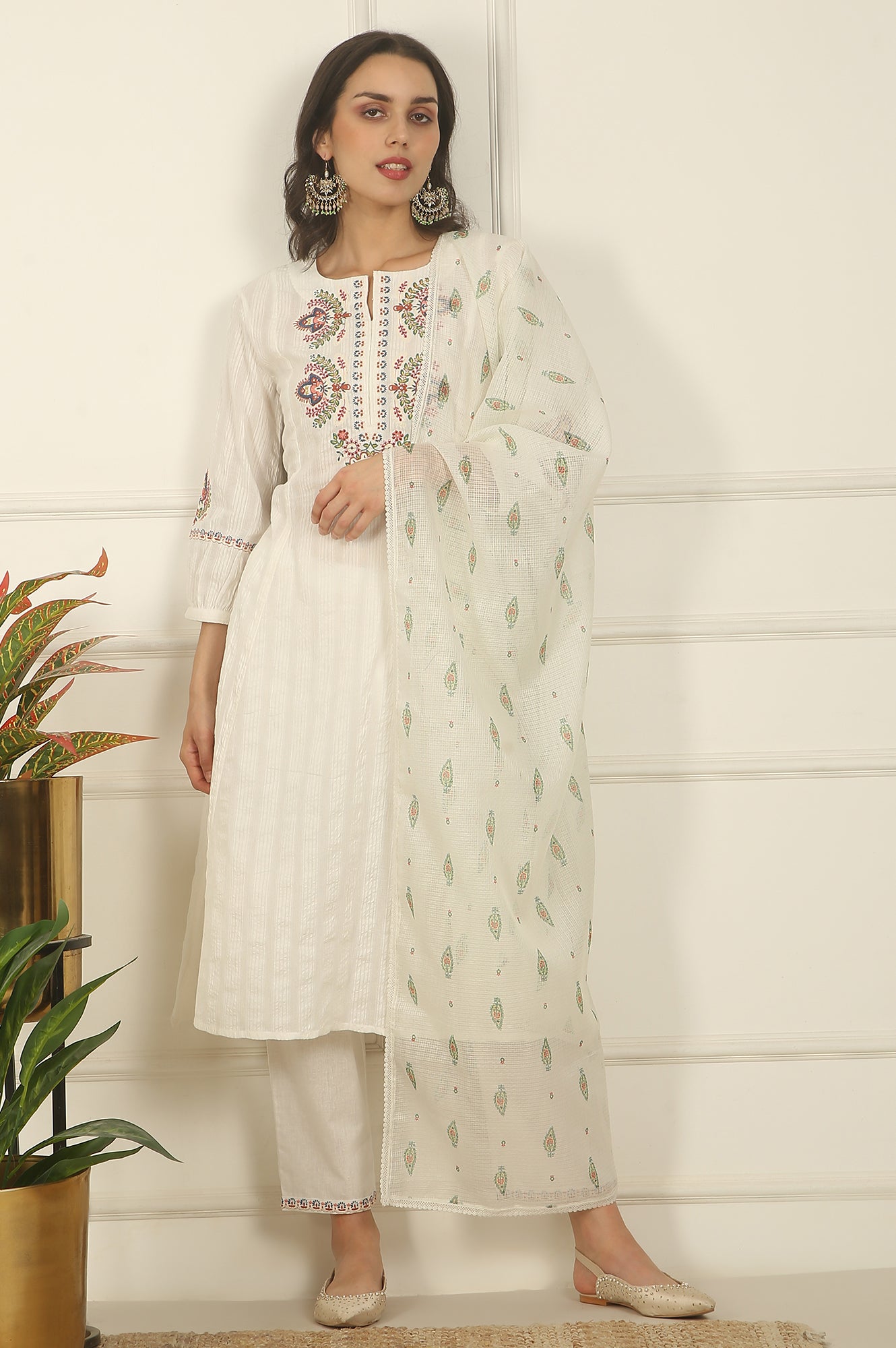 White Thread Embroidered Pure Cotton Flared Kurta, Pants and Dupatta Set