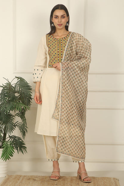 White Embroidered Yoke Cotton Crepe A-line Kurta, Pants and Dupatta Set