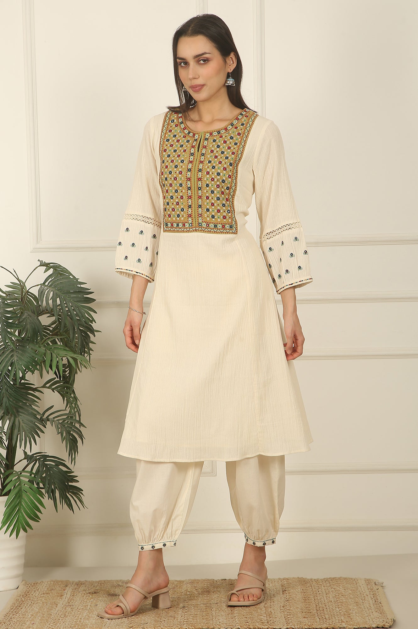 White Embroidered Yoke Cotton Crepe A-line Kurta, Pants and Dupatta Set