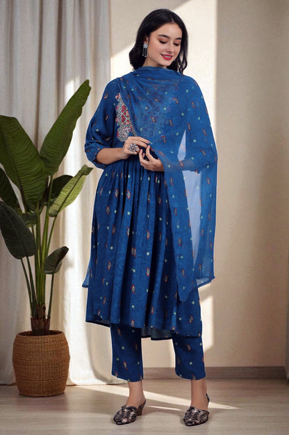 Teal Blue Embroidered Yoke Rayon Kurta, Straight Pants and Dupatta Set