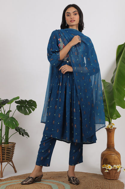 Teal Blue Embroidered Yoke Rayon Kurta, Straight Pants and Dupatta Set