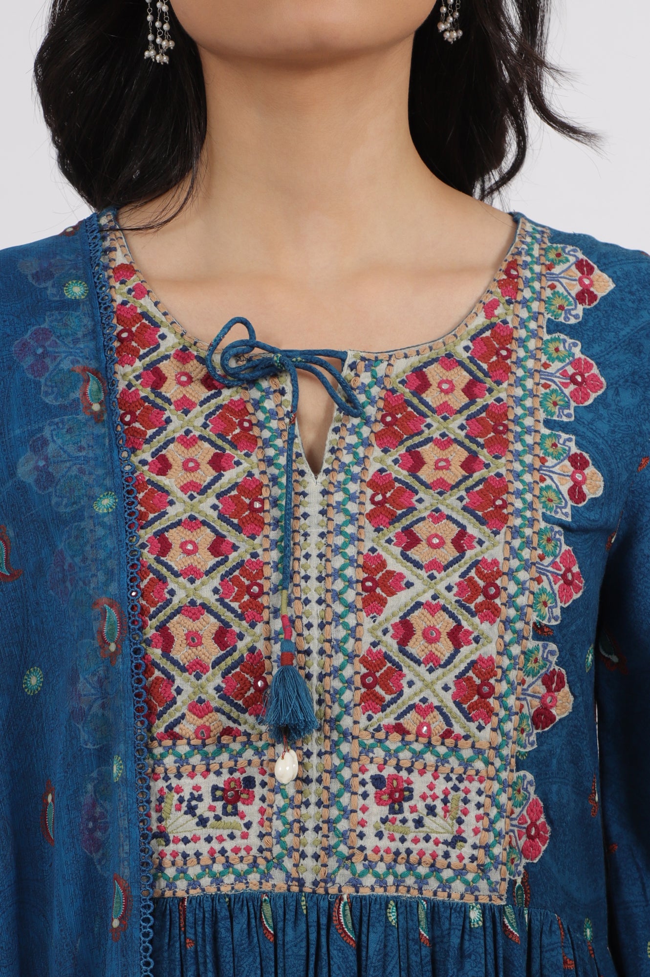 Teal Blue Embroidered Yoke Rayon Kurta, Straight Pants and Dupatta Set