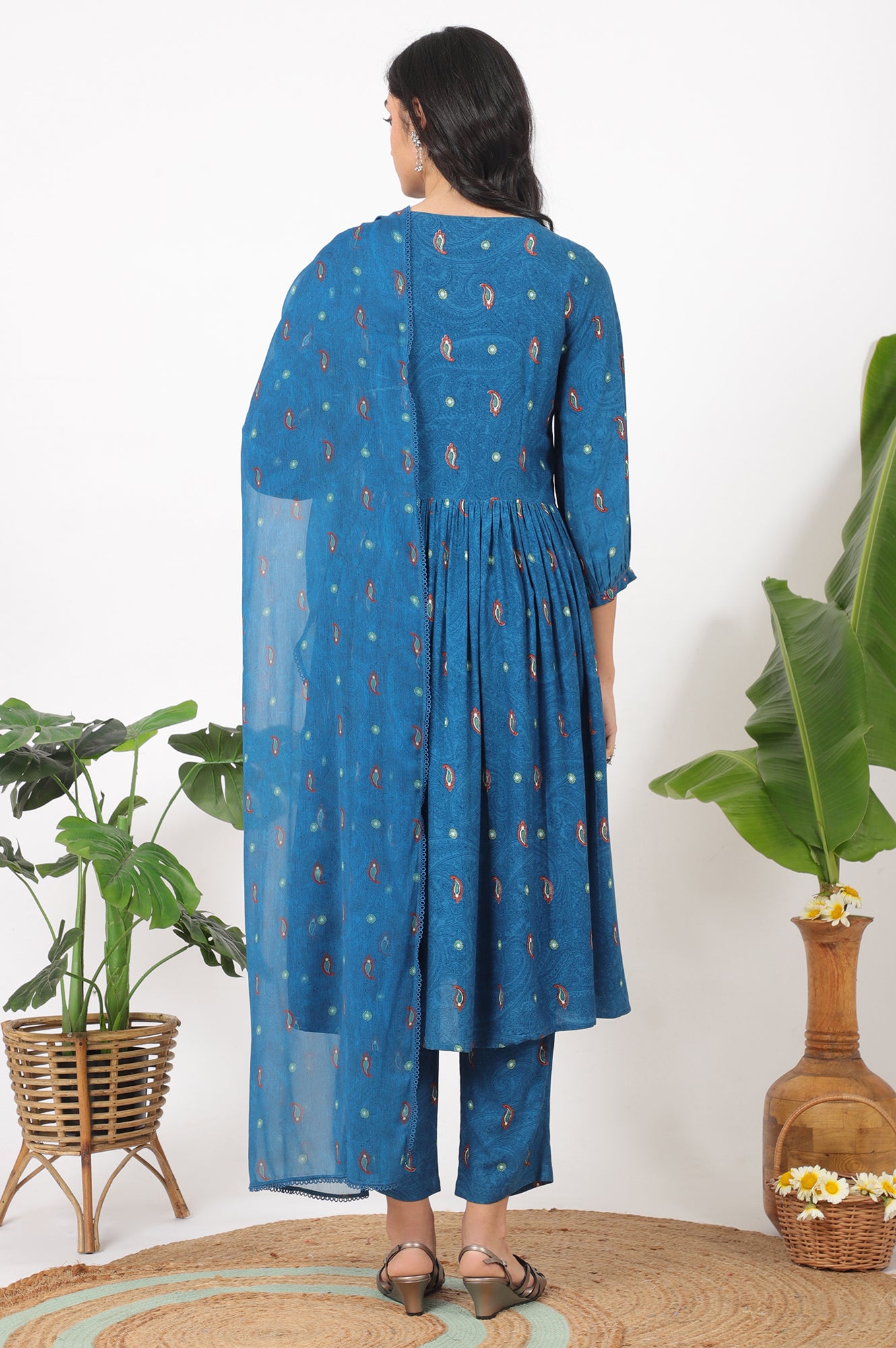 Teal Blue Embroidered Yoke Rayon Kurta, Straight Pants and Dupatta Set