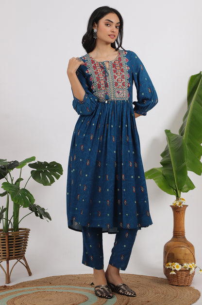 Teal Blue Embroidered Yoke Rayon Kurta, Straight Pants and Dupatta Set