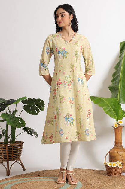 Yellow Floral Printed A-line Pure Cotton Kurta and Leggings Set