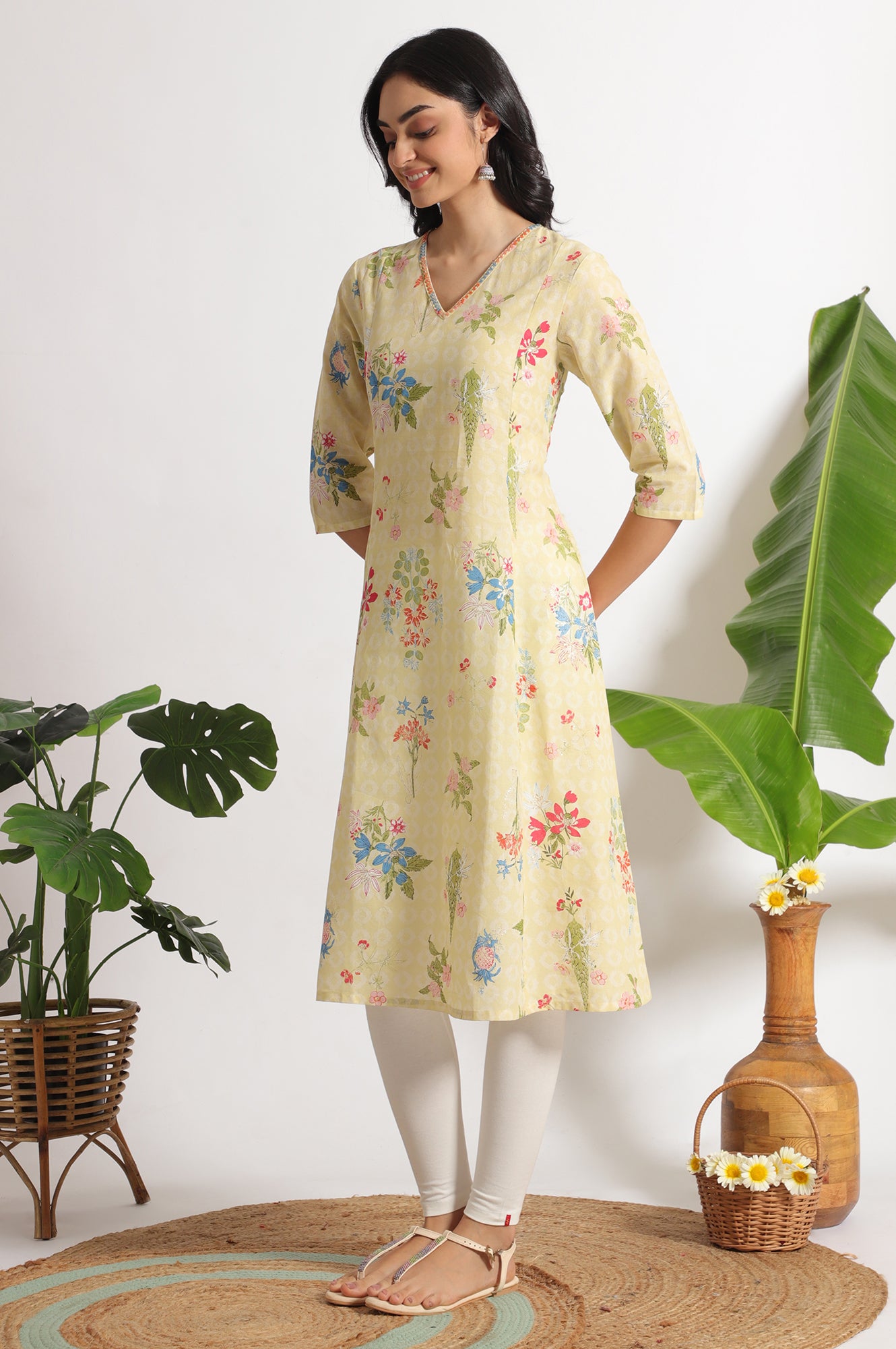 Yellow Floral Printed A-line Pure Cotton Kurta and Leggings Set