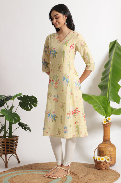 Yellow Floral Printed A-line Pure Cotton Kurta and Leggings Set