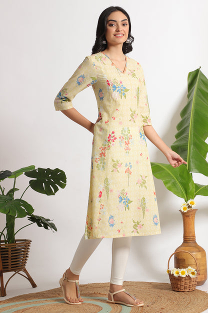 Yellow Floral Printed A-line Pure Cotton Kurta and Leggings Set