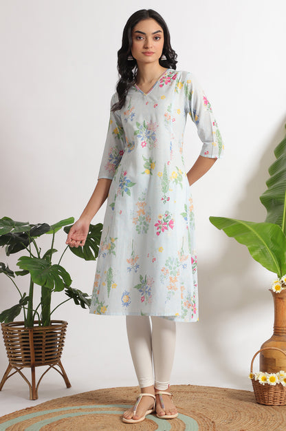 Light Blue Floral Printed A-line Pure Cotton Kurta and Leggings Set