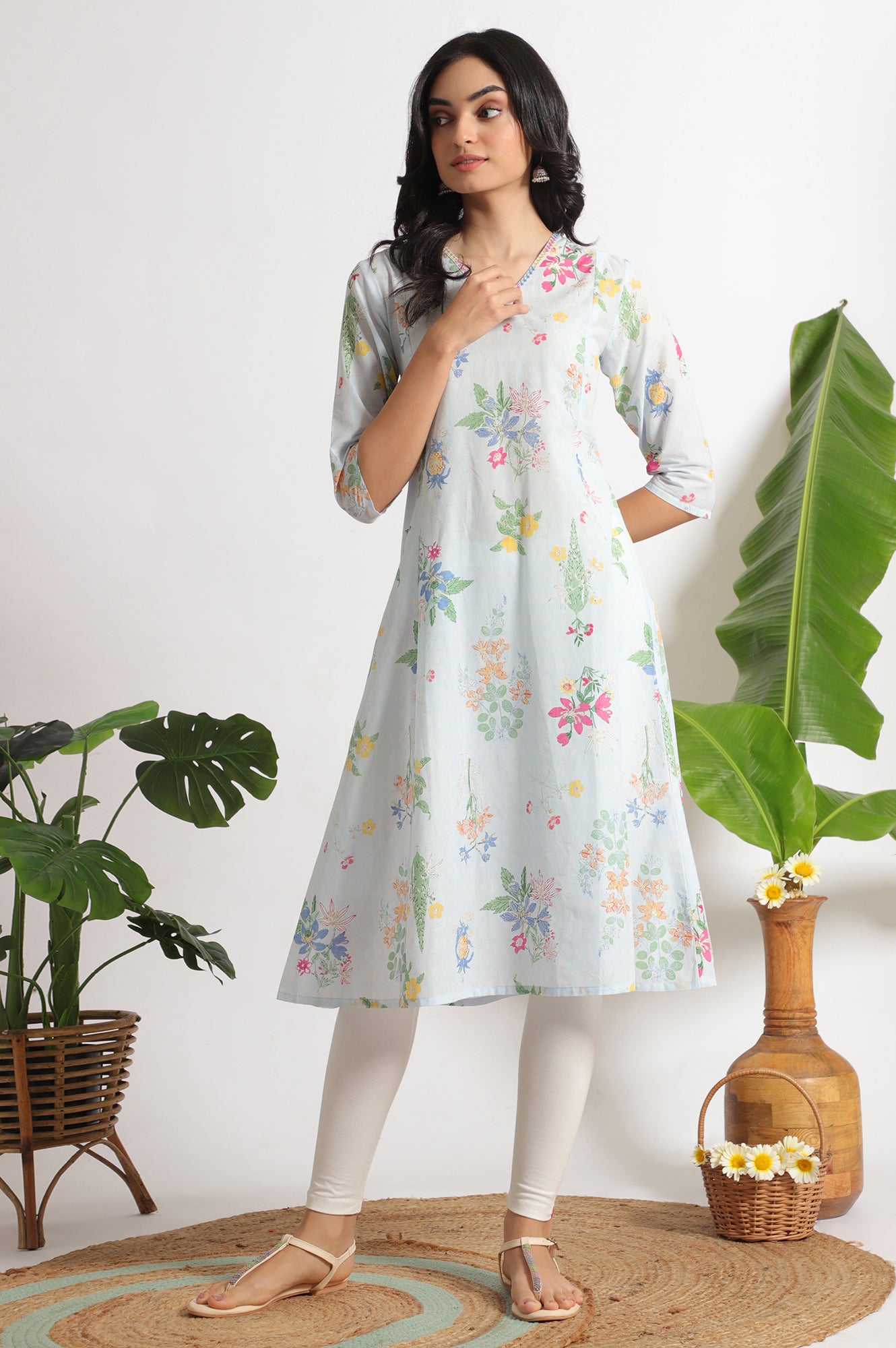 Light Blue Floral Printed A-line Pure Cotton Kurta and Leggings Set