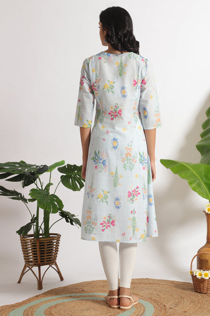 Light Blue Floral Printed A-line Pure Cotton Kurta and Leggings Set