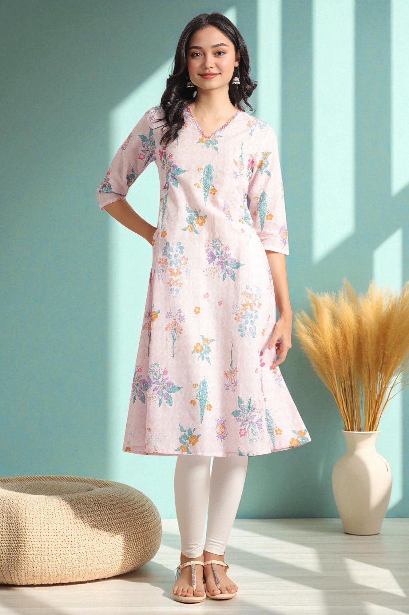 Light Pink Floral Printed A-line Pure Cotton Kurta and Leggings Set