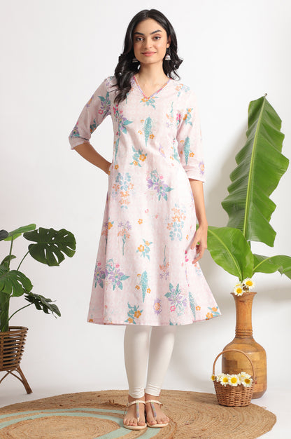 Light Pink Floral Printed A-line Pure Cotton Kurta and Leggings Set