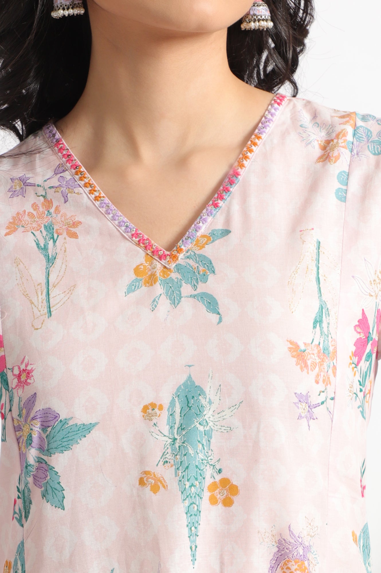 Light Pink Floral Printed A-line Pure Cotton Kurta and Leggings Set