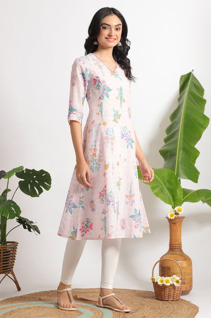 Light Pink Floral Printed A-line Pure Cotton Kurta and Leggings Set