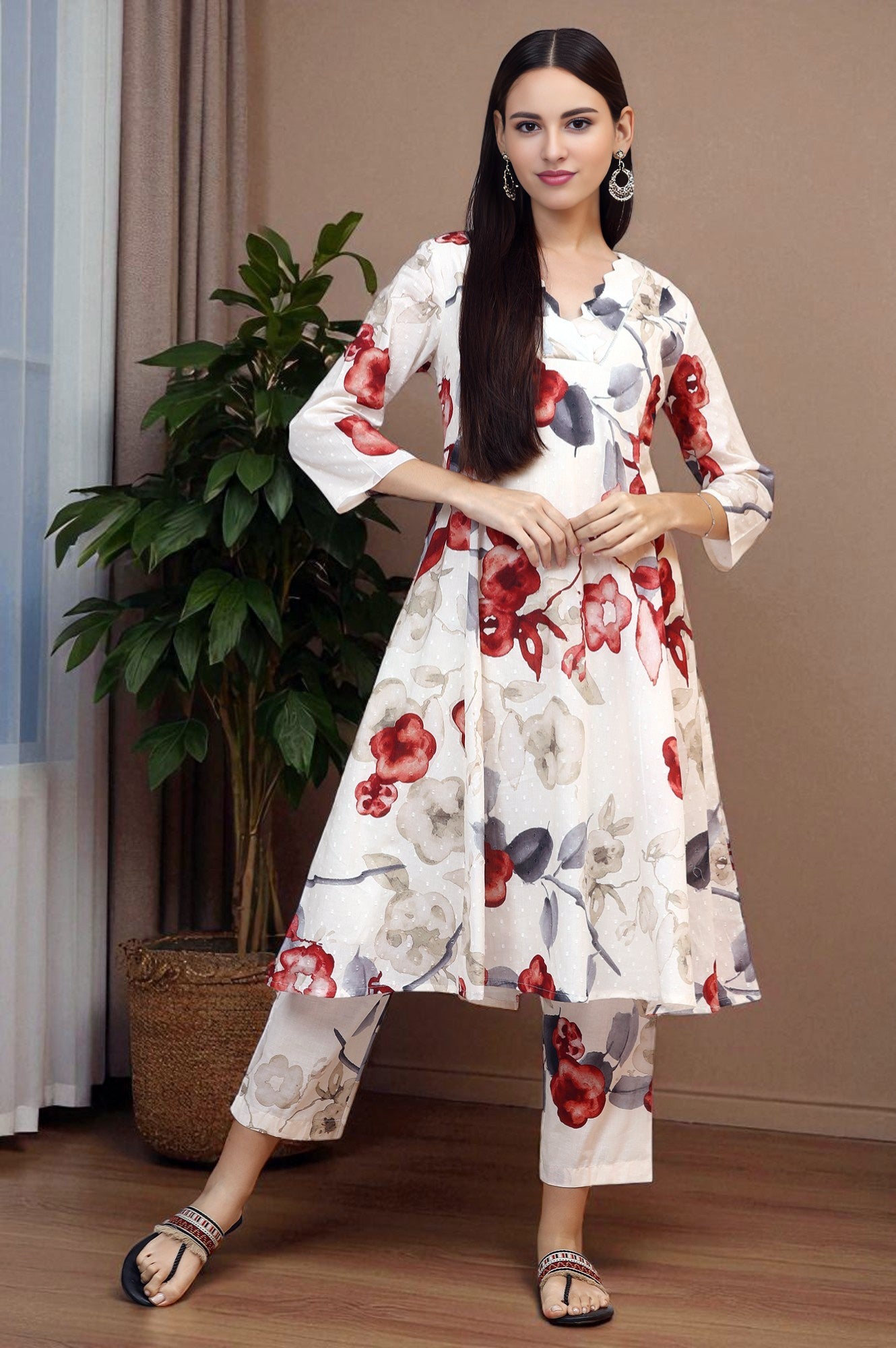 White Bold Floral Printed Pure Cotton Swiss Dot Flared Kurta and Pants Co-ord Set