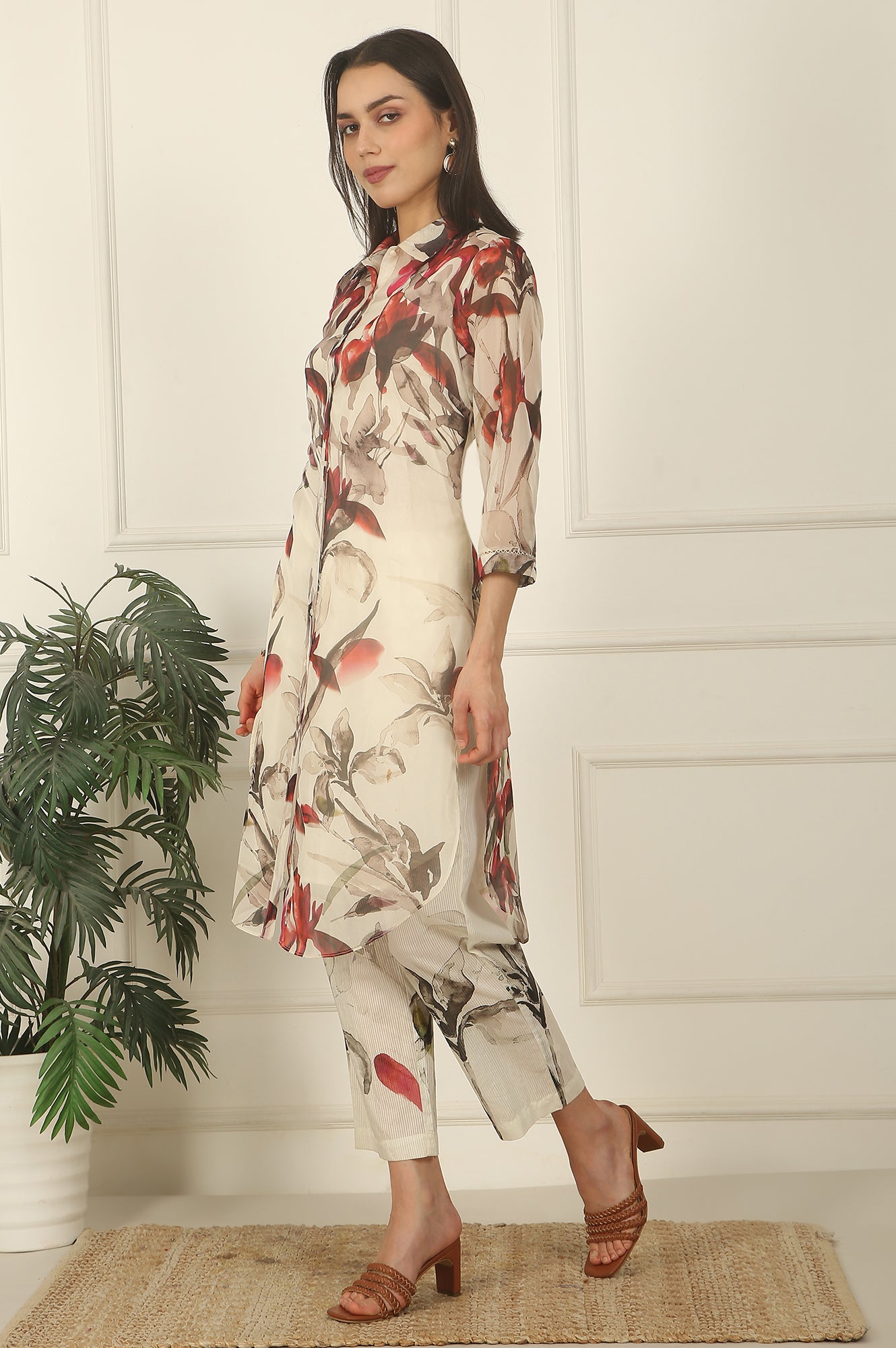 Off-White Floral Printed Organza Shirt Kurta and Pants Co-ord Set