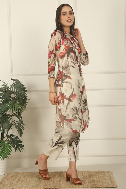 Off-White Floral Printed Organza Shirt Kurta and Pants Co-ord Set