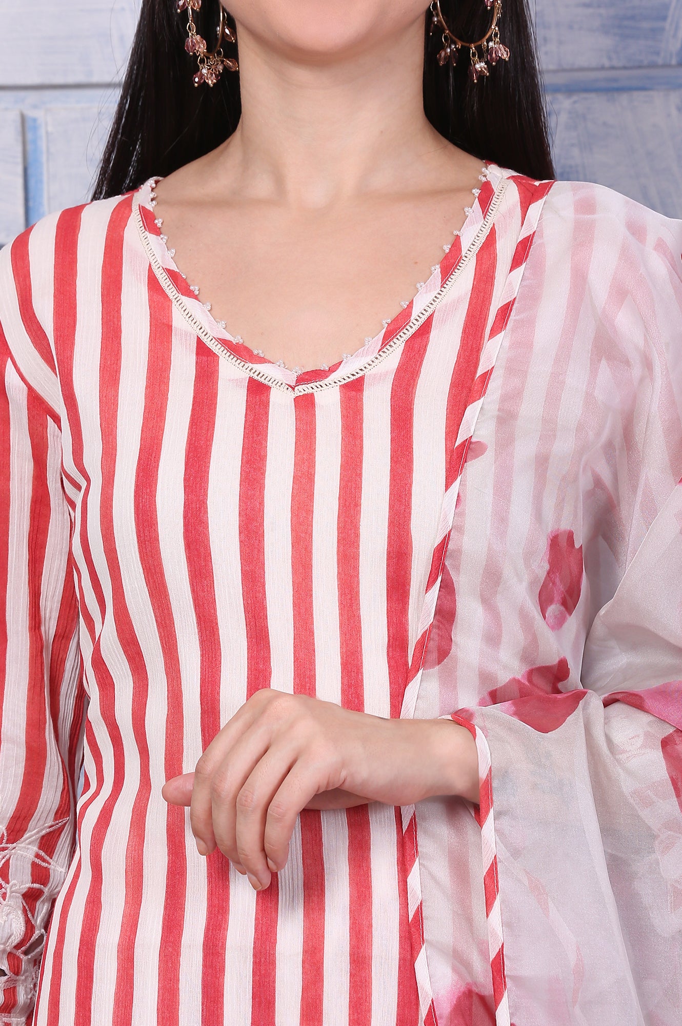 White and Red Stripe Straight Cotton Crepe Kurta and Pants Co-ord Set with Dupatta