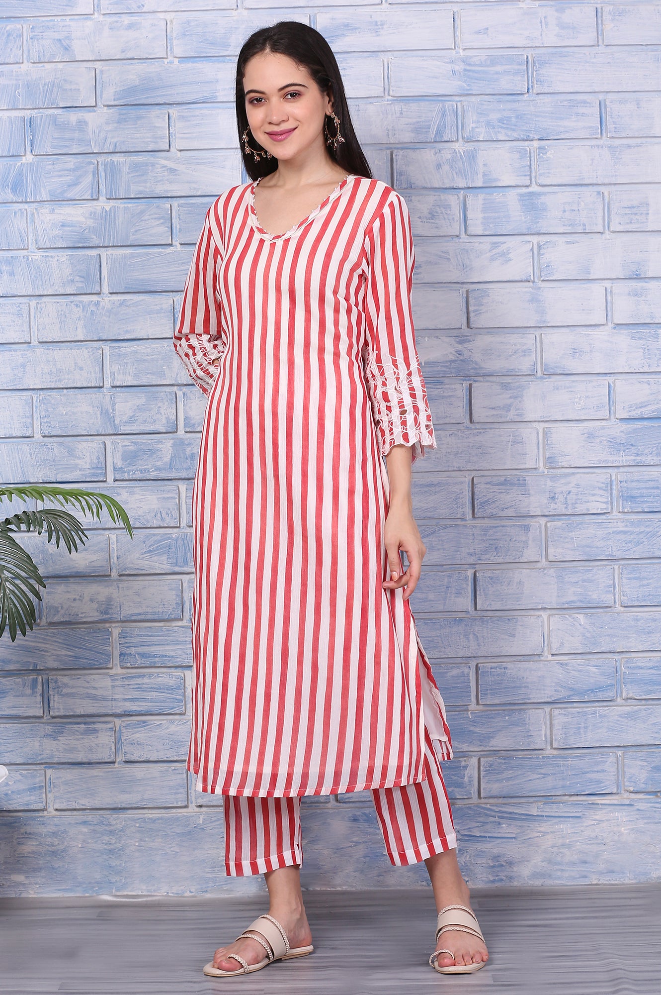 White and Red Stripe Straight Cotton Crepe Kurta and Pants Co-ord Set with Dupatta