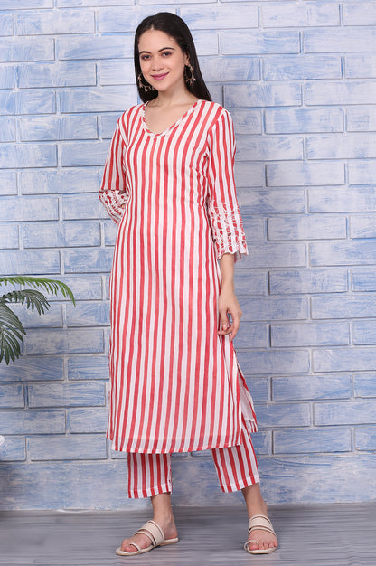 White and Red Stripe Straight Cotton Crepe Kurta and Pants Co-ord Set with Dupatta