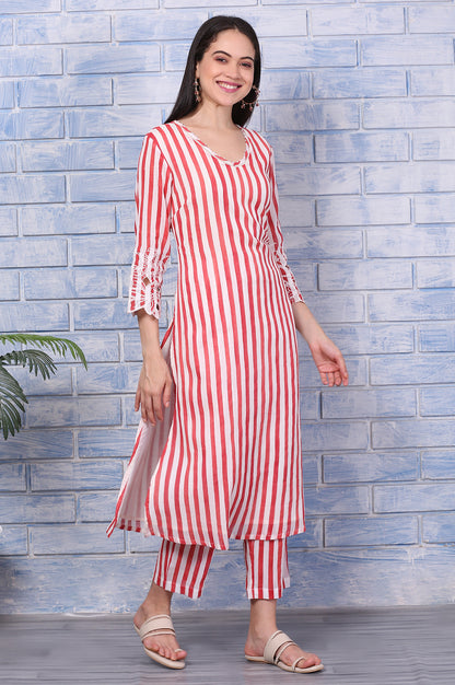 White and Red Stripe Straight Cotton Crepe Kurta and Pants Co-ord Set with Dupatta