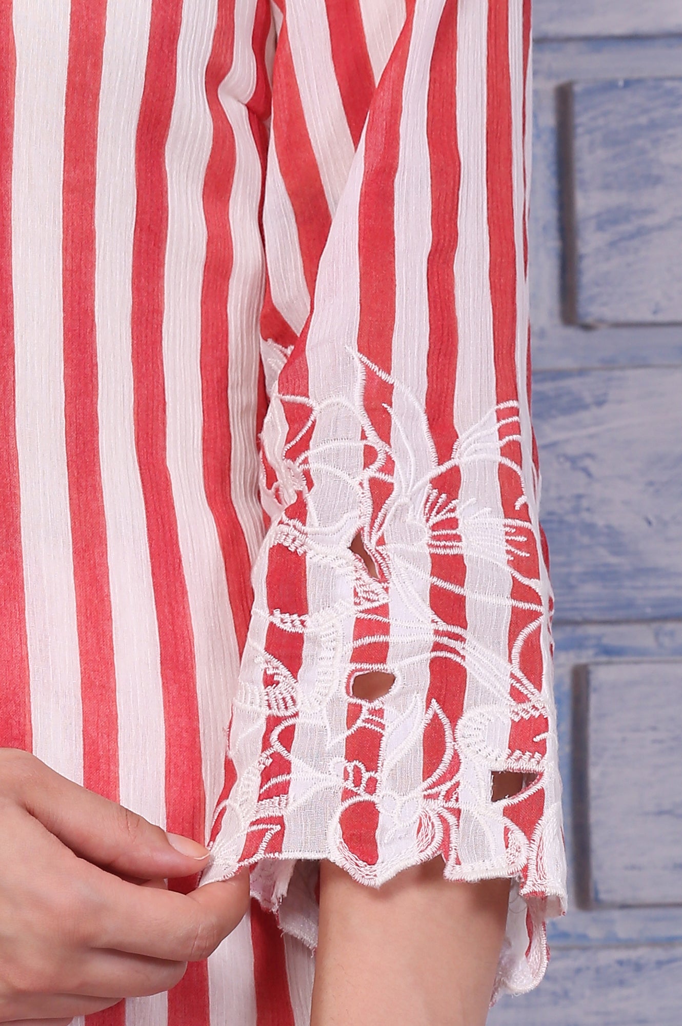 White and Red Stripe Straight Cotton Crepe Kurta and Pants Co-ord Set with Dupatta