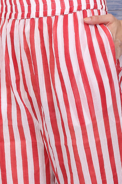 White and Red Stripe Straight Cotton Crepe Kurta and Pants Co-ord Set with Dupatta