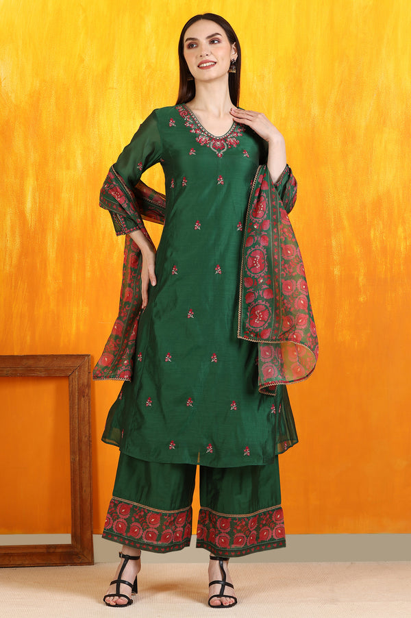 Emerald Green Embroidered Panelled Kurta, Flared Pants and Dupatta Set