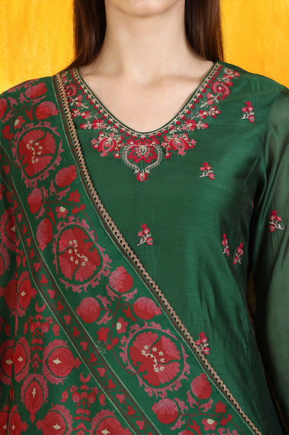 Emerald Green Embroidered Panelled Kurta, Flared Pants and Dupatta Set