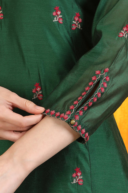 Emerald Green Embroidered Panelled Kurta, Flared Pants and Dupatta Set