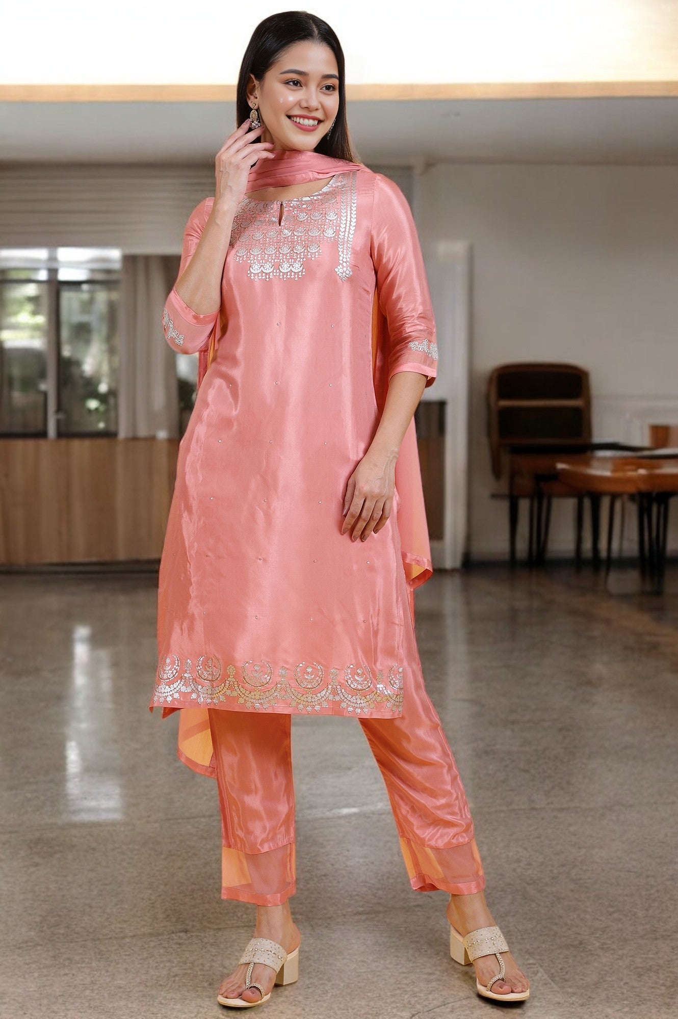Pink Foil Printed Shantung Straight Kurta, Pants and Dupatta Set