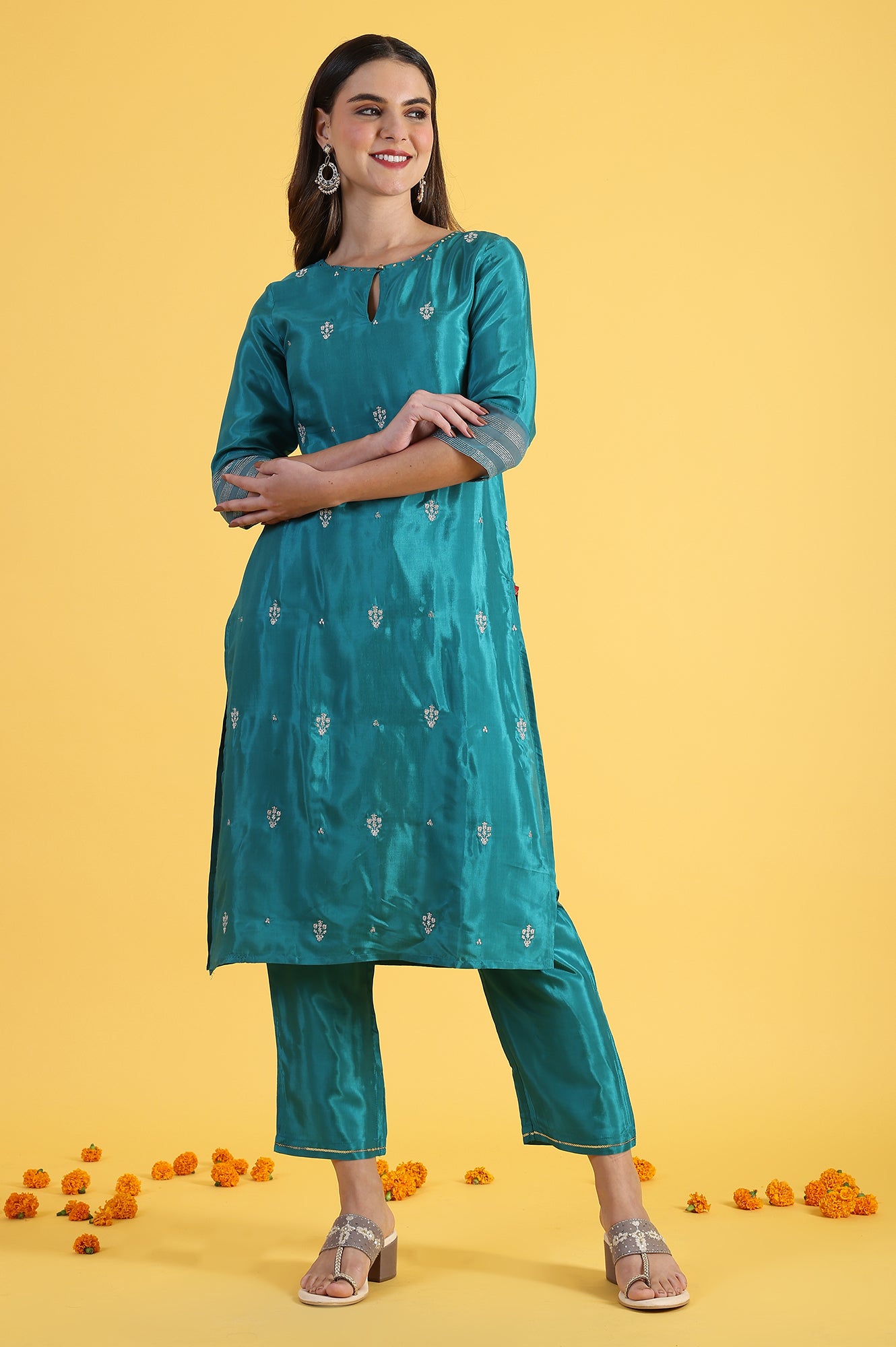 Blue Embroidered Rayon Straight Kurta and Straight Pants Set