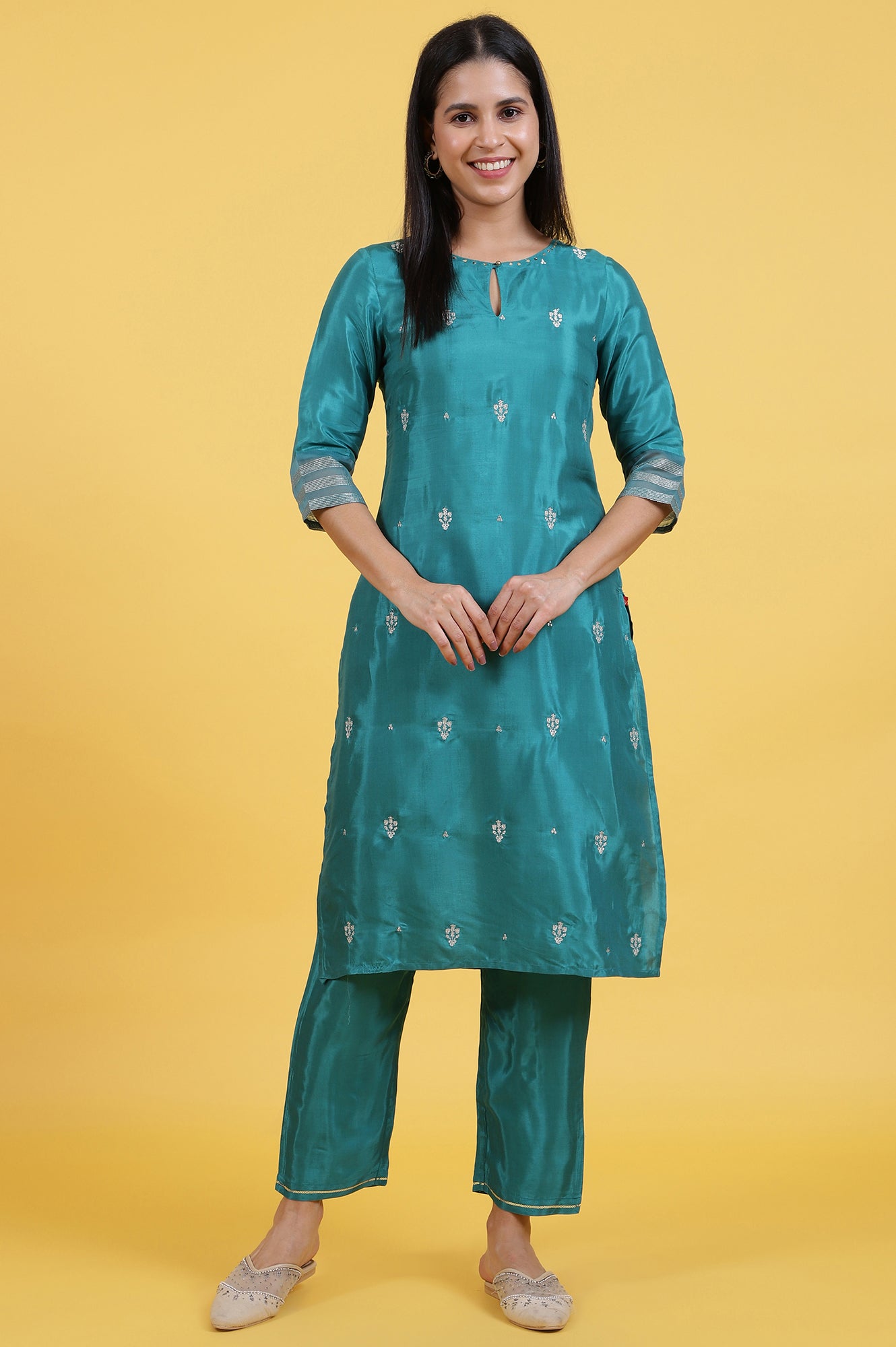 Blue Embroidered Rayon Straight Kurta and Straight Pants Set