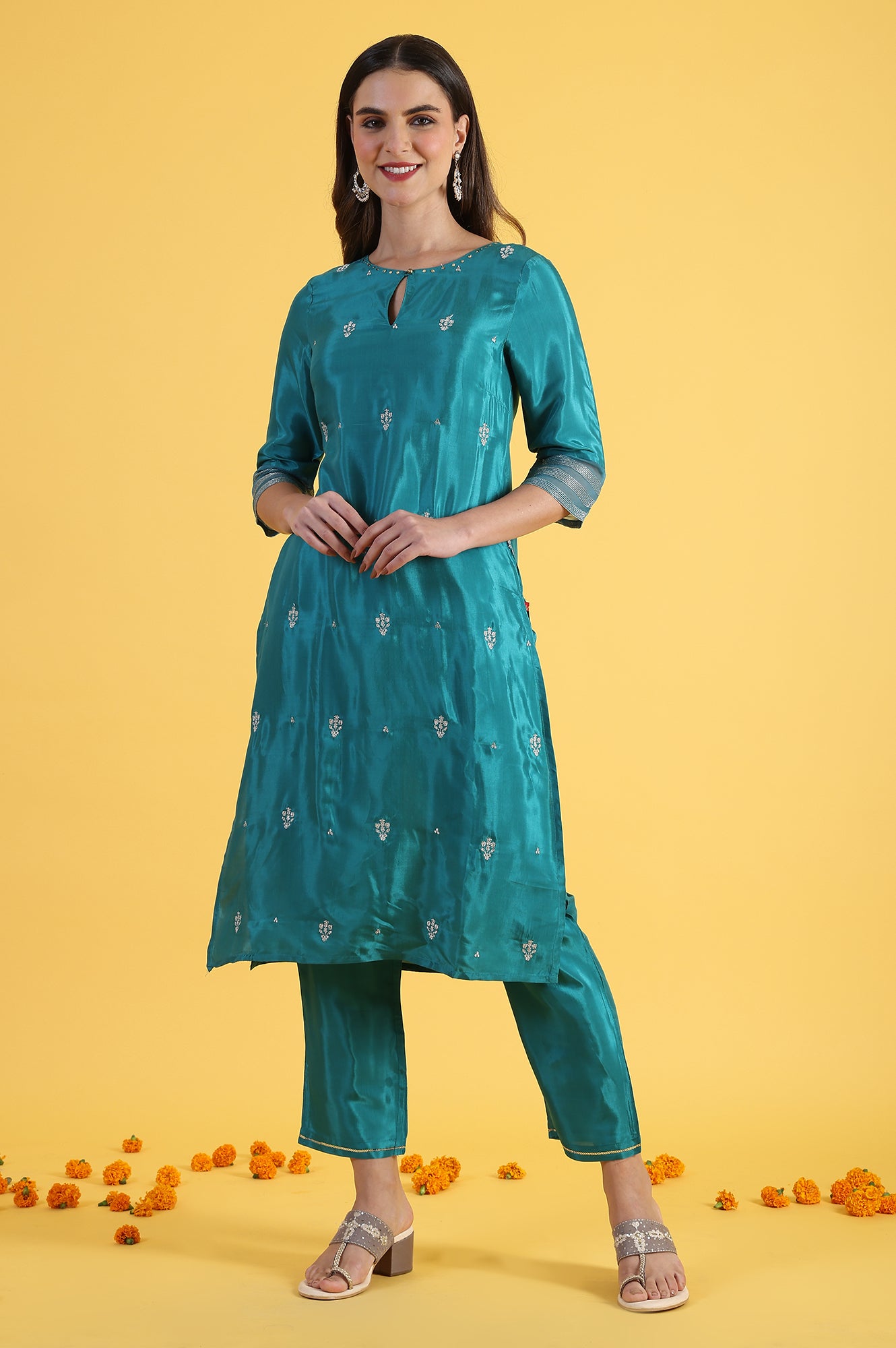 Blue Embroidered Rayon Straight Kurta and Straight Pants Set