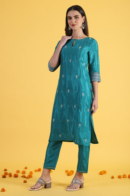 Blue Embroidered Rayon Straight Kurta and Straight Pants Set