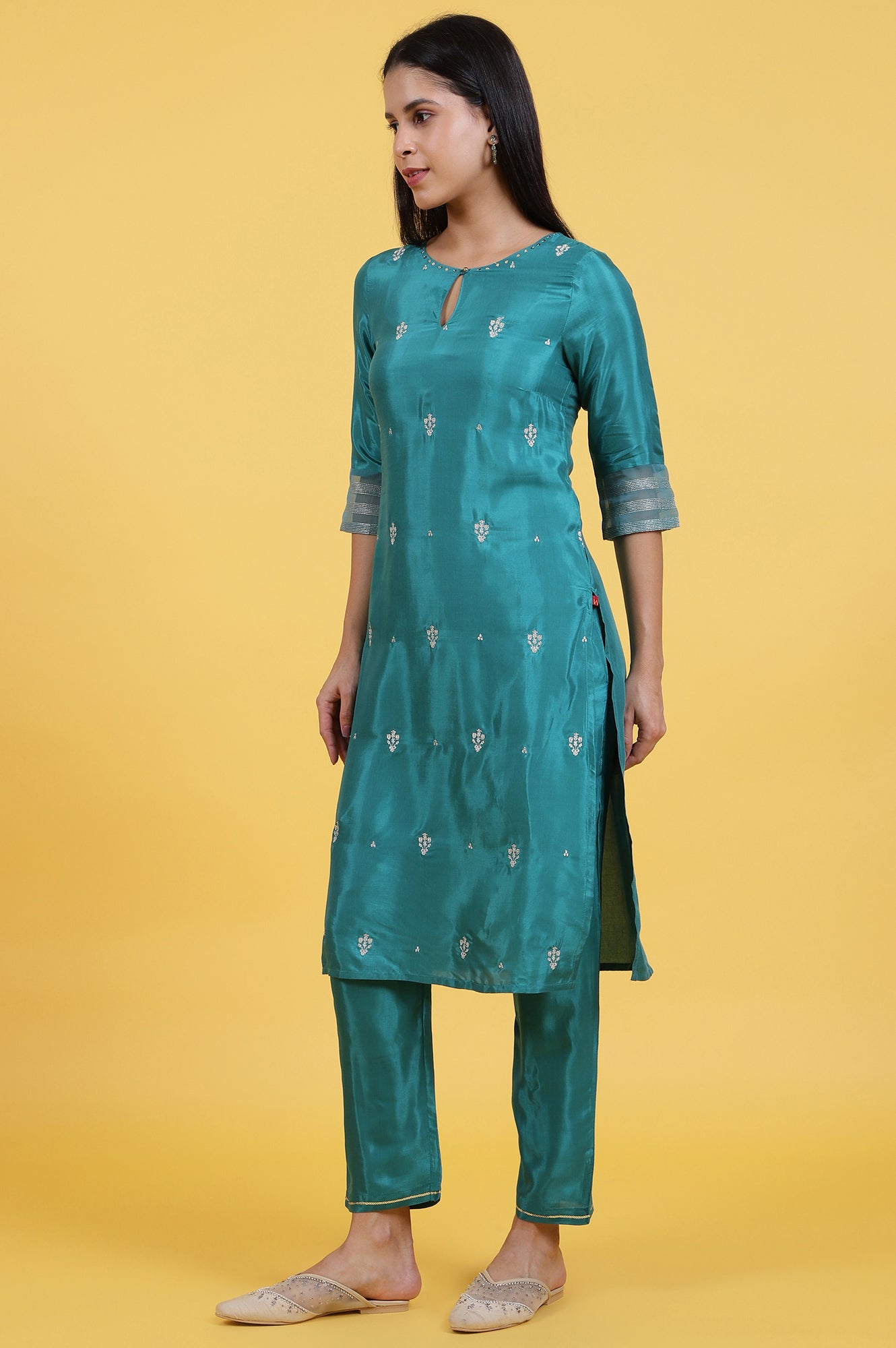 Blue Embroidered Rayon Straight Kurta and Straight Pants Set