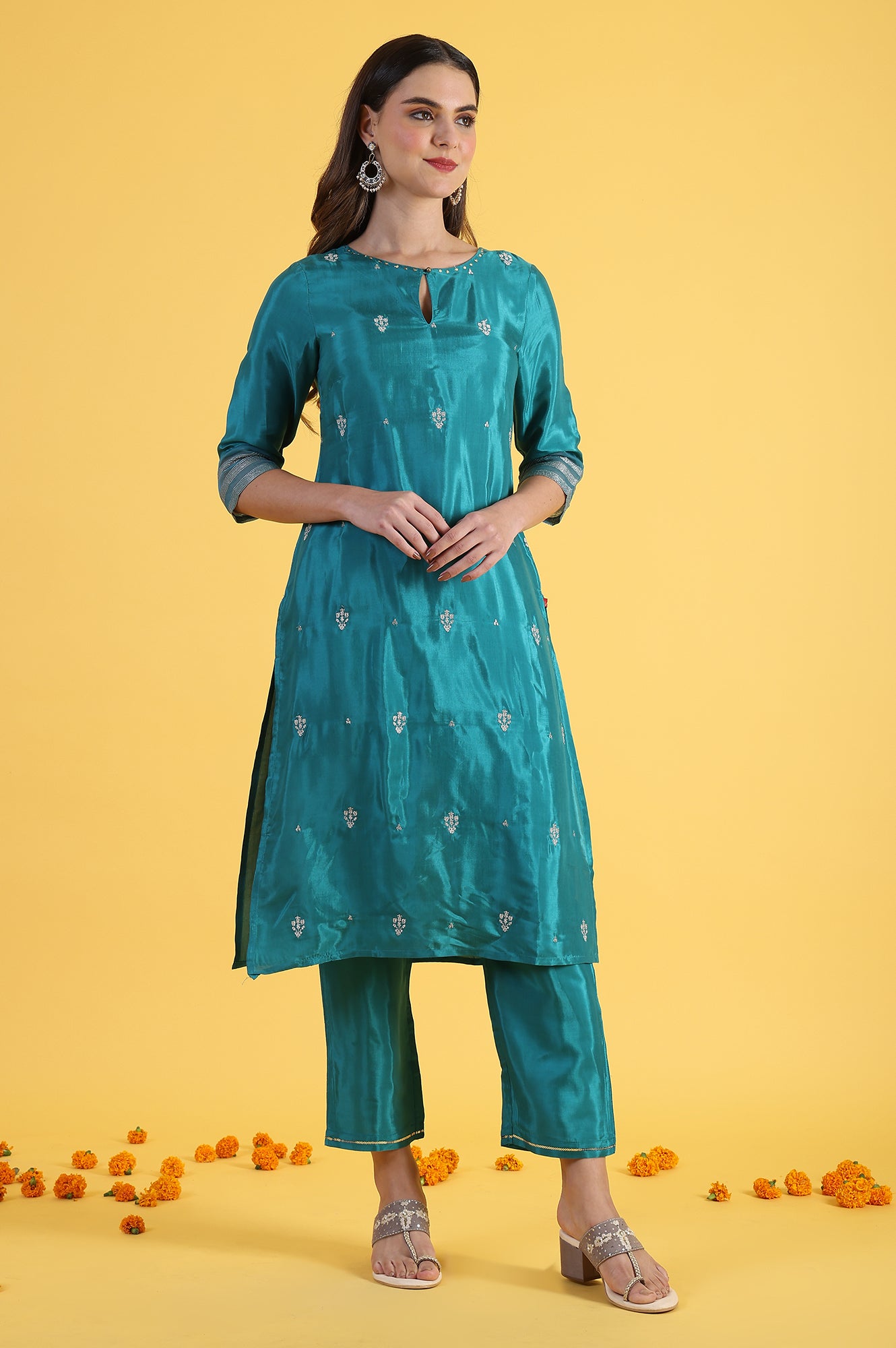 Blue Embroidered Rayon Straight Kurta and Straight Pants Set