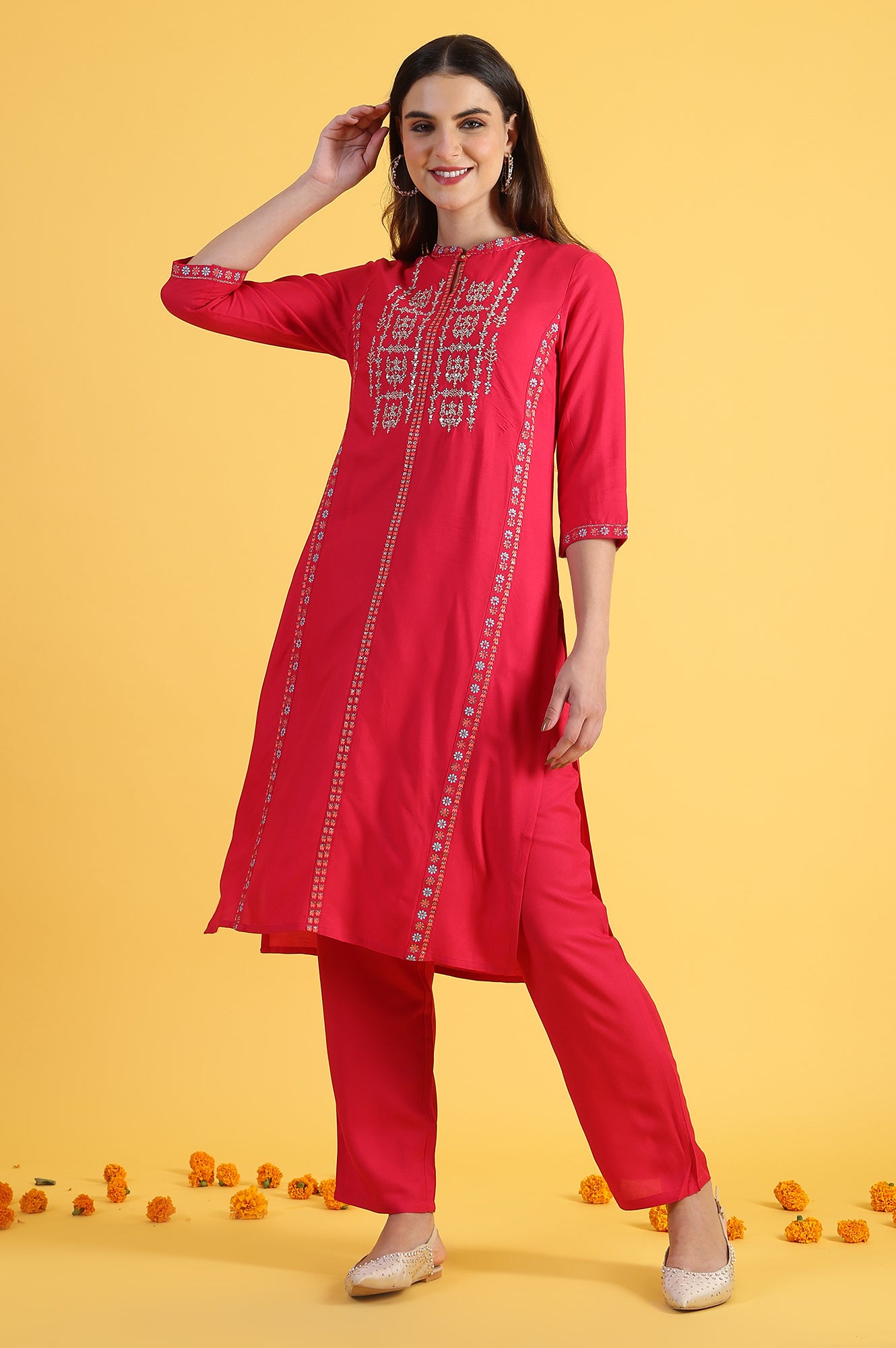 Pink Glitter Printed Embroidered Straight Kurta and Straight Pants Set