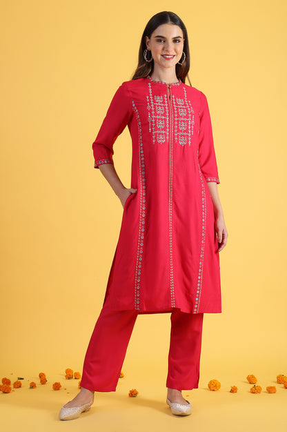 Pink Glitter Printed Embroidered Straight Kurta and Straight Pants Set