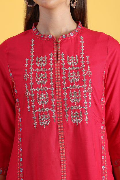 Pink Glitter Printed Embroidered Straight Kurta and Straight Pants Set