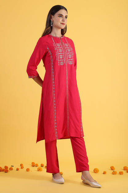 Pink Glitter Printed Embroidered Straight Kurta and Straight Pants Set