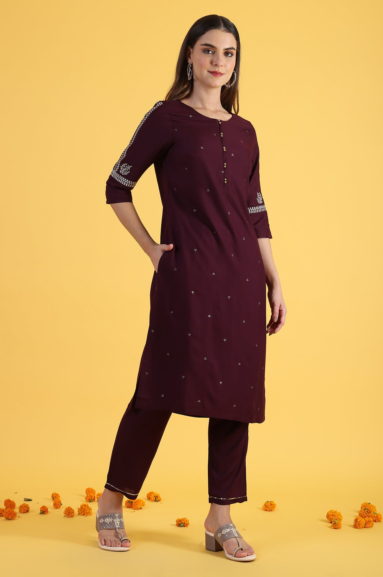 Purple Embroidered Straight Kurta and Straight Pants Set with Sequin Work