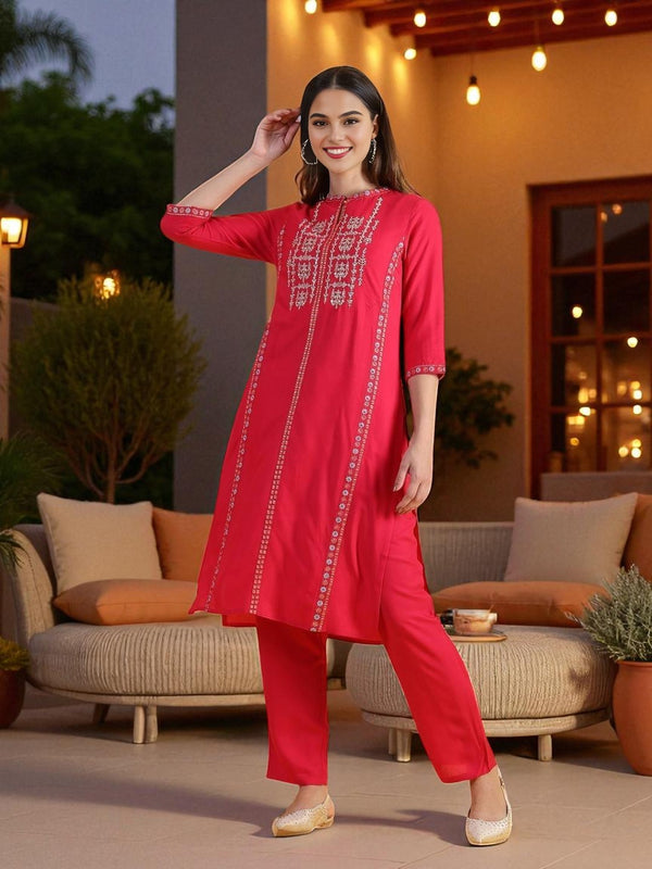 Pink Glitter Printed Embroidered Straight Kurta and Straight Pants Set