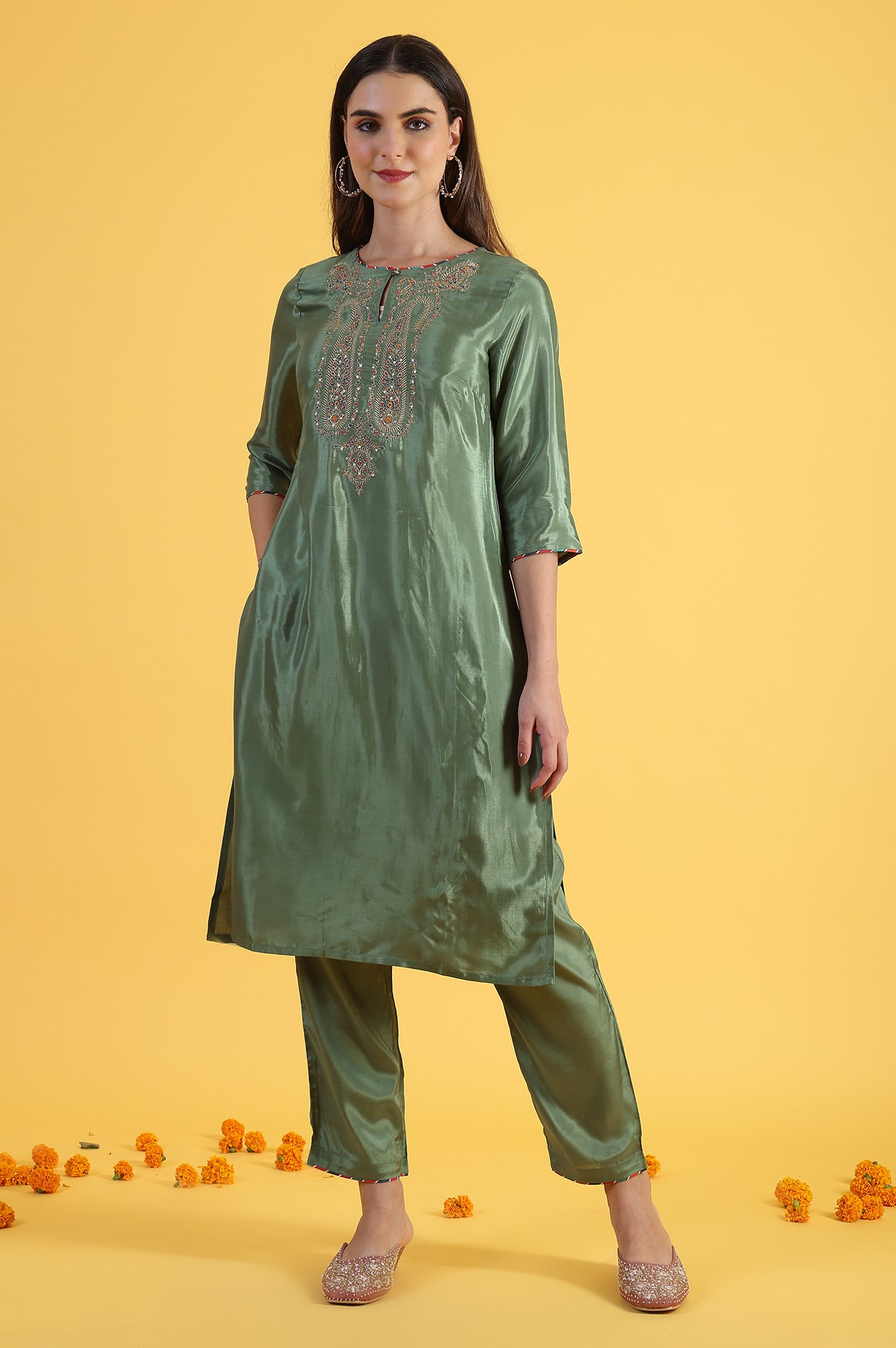 Light Green Embroidered Shantung Straight Kurta and Pants Set