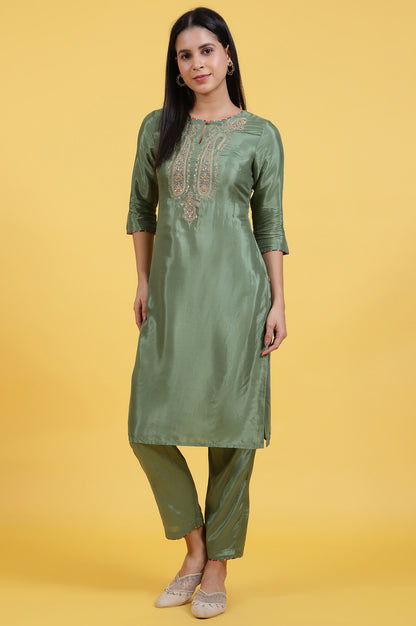 Light Green Embroidered Shantung Straight Kurta and Pants Set