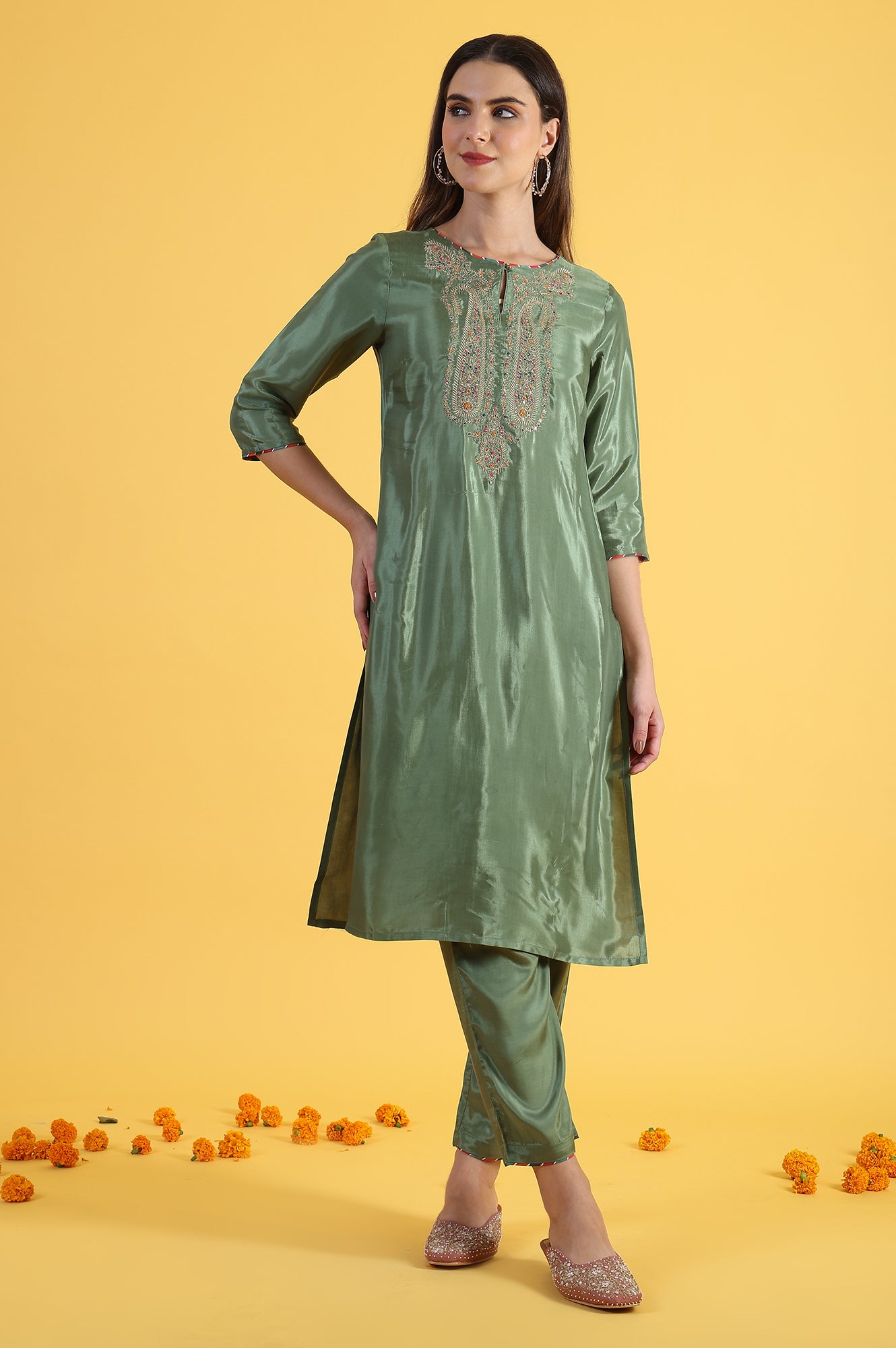 Light Green Embroidered Shantung Straight Kurta and Pants Set