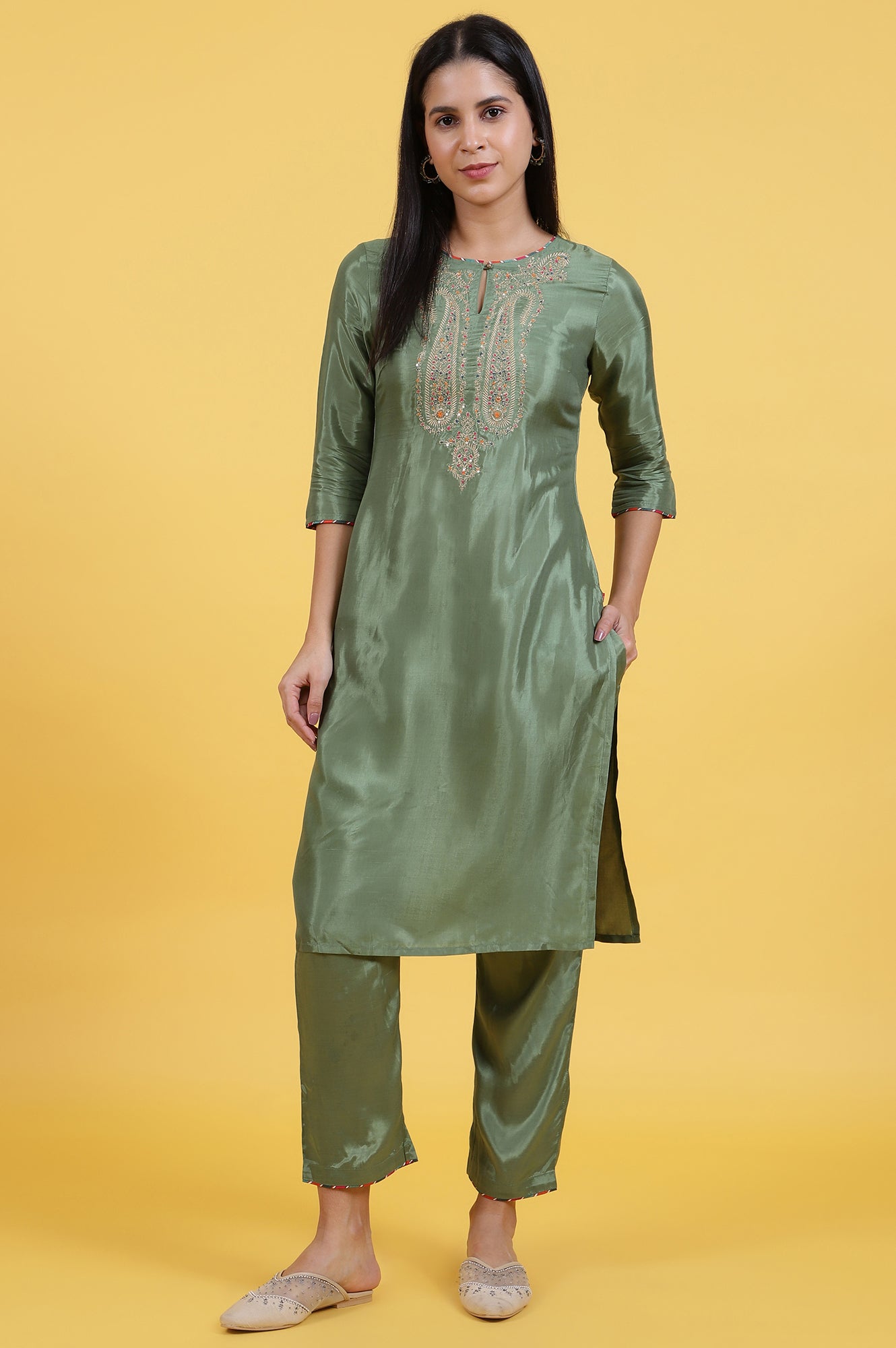 Light Green Embroidered Shantung Straight Kurta and Pants Set